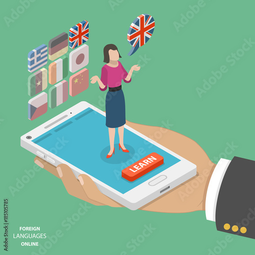 Foreign language online learning isometric vector. Smartphone on the mans palm with a teacher on it. Behind the teacher are several icons with languages to learn. English is active at the moment.