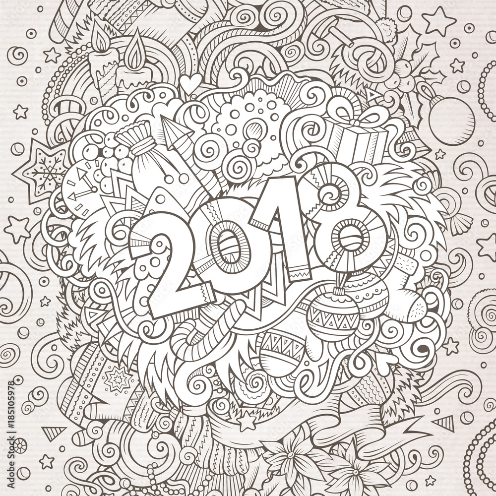 Cartoon vector cute doodles hand drawn 2018 year illustration