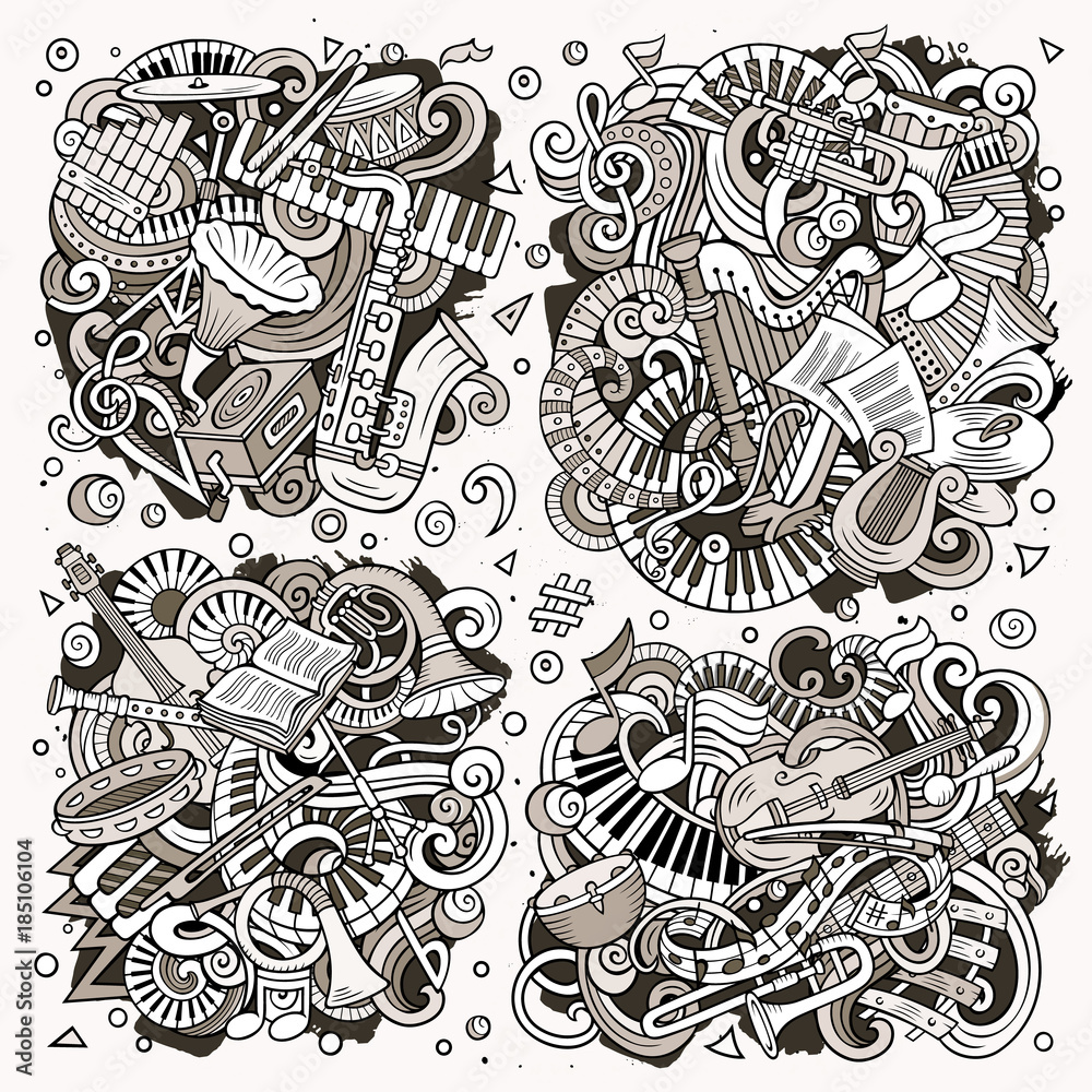 Vector doodles cartoon set of classical musical instruments objects combinations Vector doodles cartoon set of classical musical instruments objects combinations
