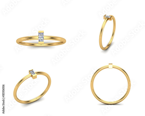 3D illustration gold rings of different angles. Jewelry backgrou