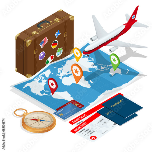 Airplane passport flight travel traveller fly travelling citizenship air concept Travel and tourism background. Flat isometric vector illustration.