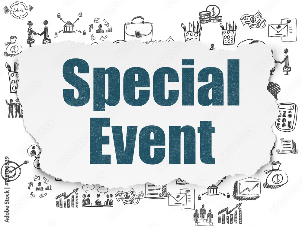 Finance concept: Painted blue text Special Event on Torn Paper background with  Hand Drawn Business Icons