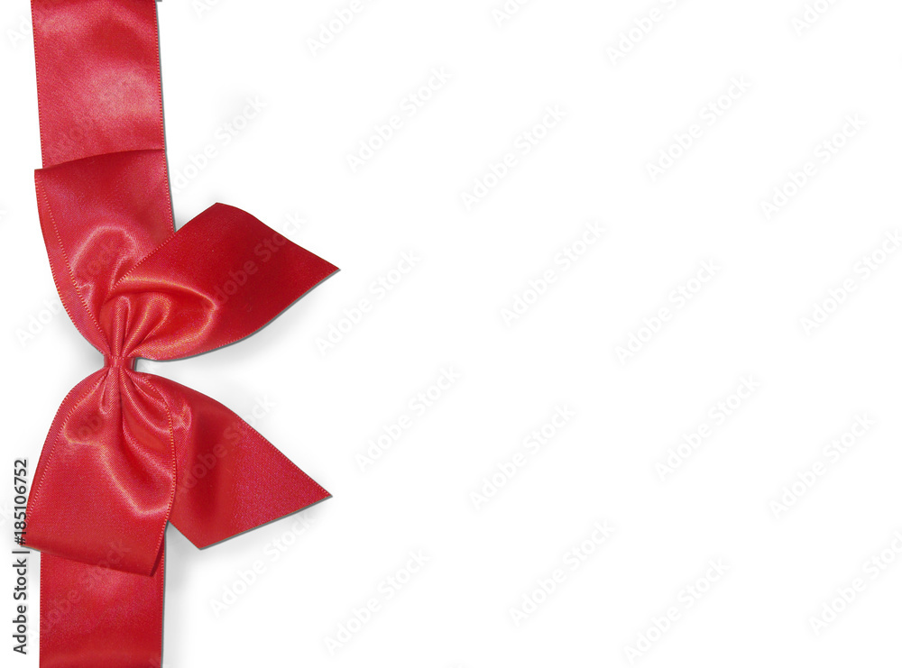 Decorative red ribbon and bow over white background. Holidays background with copyspace. White background with beautiful bow. Decorative red ribbon and bow over white background. Holidays background with copyspace. White background with beautiful bow.