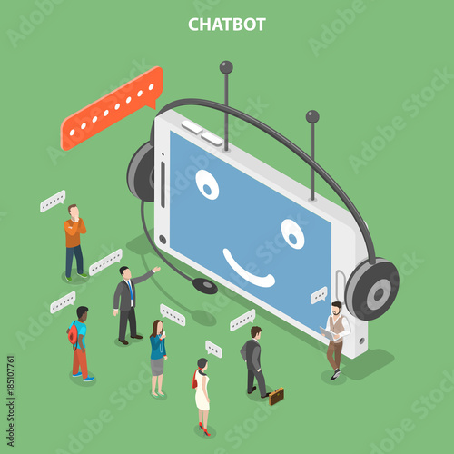 Chatbot flat isometric vector concept. Smartphone that looks like a robot head with headset is chatting with customers that are standing in front of it.