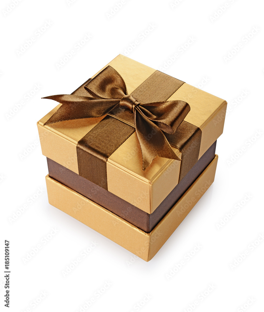 Golden classic shiny gift box with brown satin bow Golden classic shiny gift box with brown satin bow