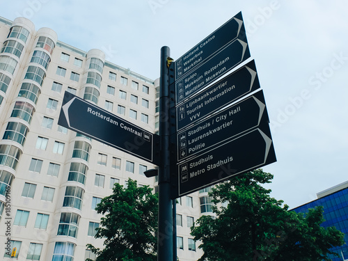 Rotterdam, The Netherlands - May 16, 2017. Road sign in the center of the city