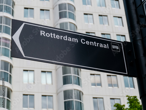 Rotterdam, The Netherlands - May 16, 2017. Road sign of the station