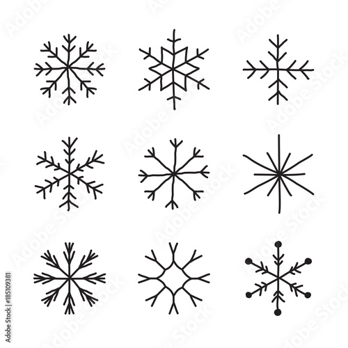 Set of hand drawn snowflakes. Snow icon silhouettes. Vector illustration with editable strokes. Isolated on white background. Design elements for christmas  seasonal greetings  or any use.