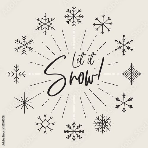 Set of hand drawn snowflakes with 'Let it snow!' lettering text, sunbursts or light rays. Snow icons vector illustration with editable strokes. Perfect for christmas, seasonal greetings, or any use.