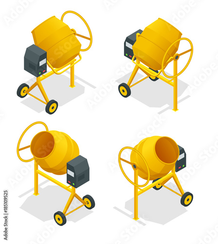 Isometric set of Concrete mixer icon for web. Cement mixer vector, pouring cement isolated white background.