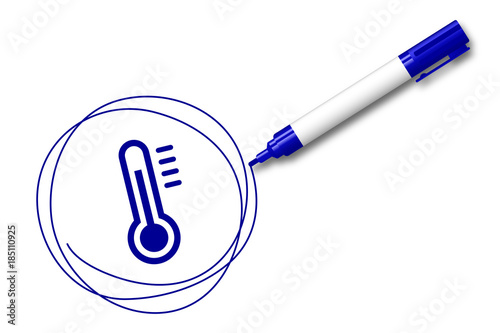 blauer Filzstift kreist ein Thermometer heiß