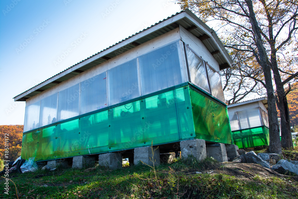 Long pavilion based on cement blocks. Long pavilion based on cement blocks.