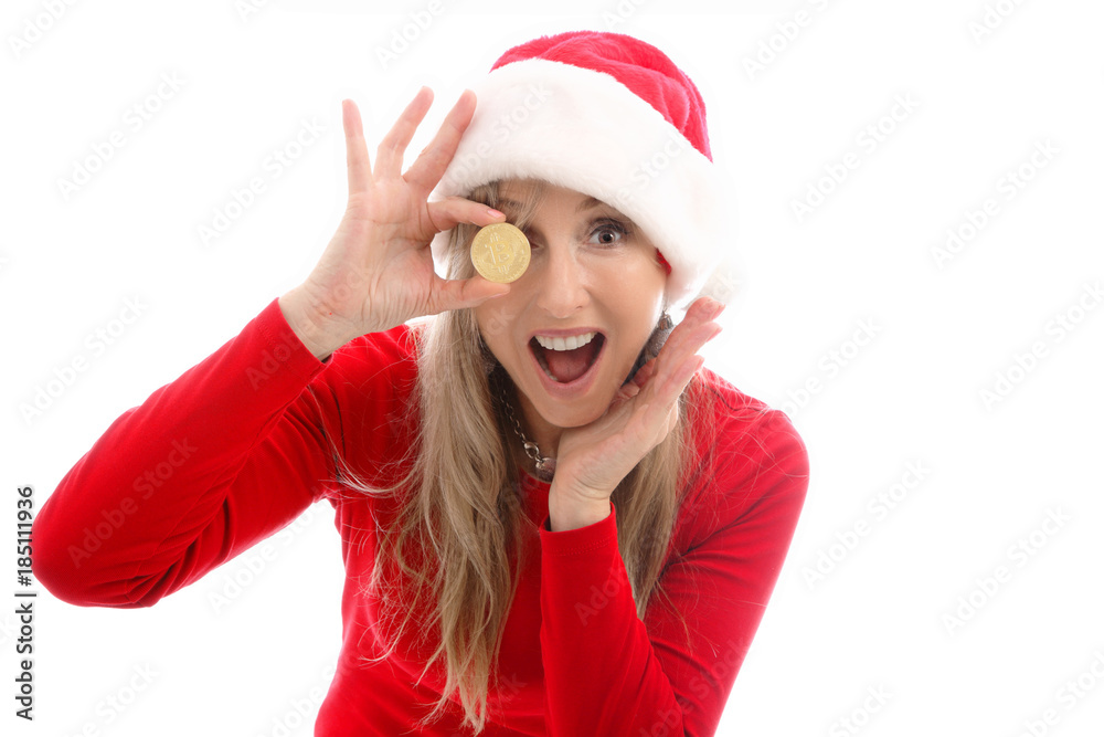 Woman h olding a Bitcoin to eyeball and surprised face Woman h olding a Bitcoin to eyeball and surprised face