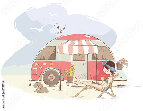 Girl freelancer on the beach / Young woman is lying on a deck-chair and works on the computer near trailer, funny vector illustration