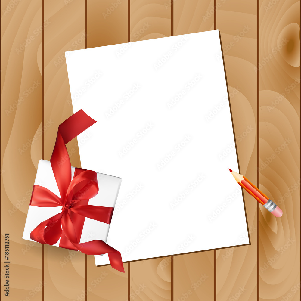 Christmas letter with a pencil and a gift red bow on a wooden background. Vector top view illustration Christmas letter with a pencil and a gift red bow on a wooden background. Vector top view illustration