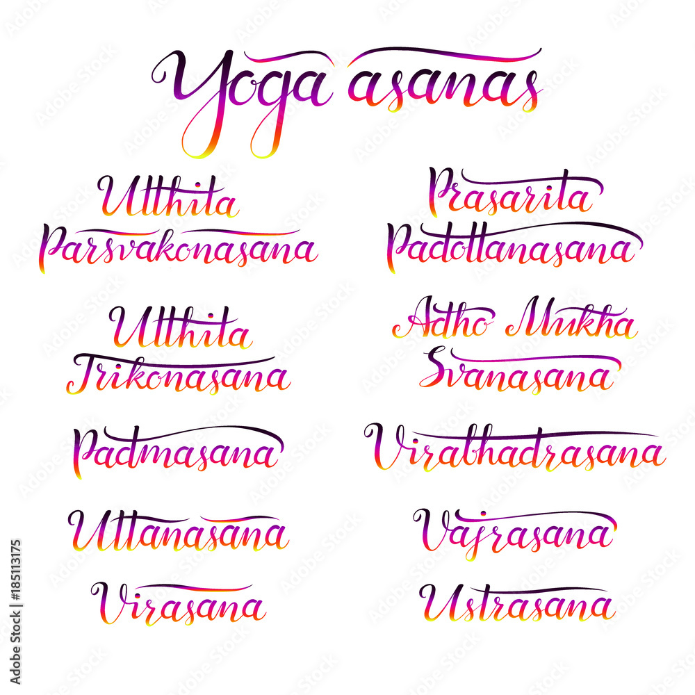 Hand drawn lettering vector poster with the titles of yoga poses isolated on white background. Human body stretching positions. Asana yoga concept.