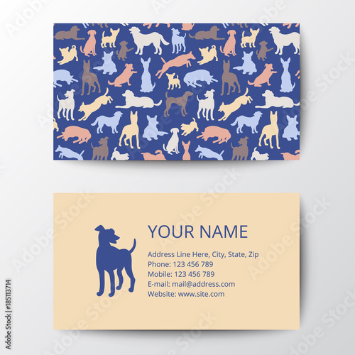 Business card with dog silhouettes pattern. Vector illustration for your cute design.