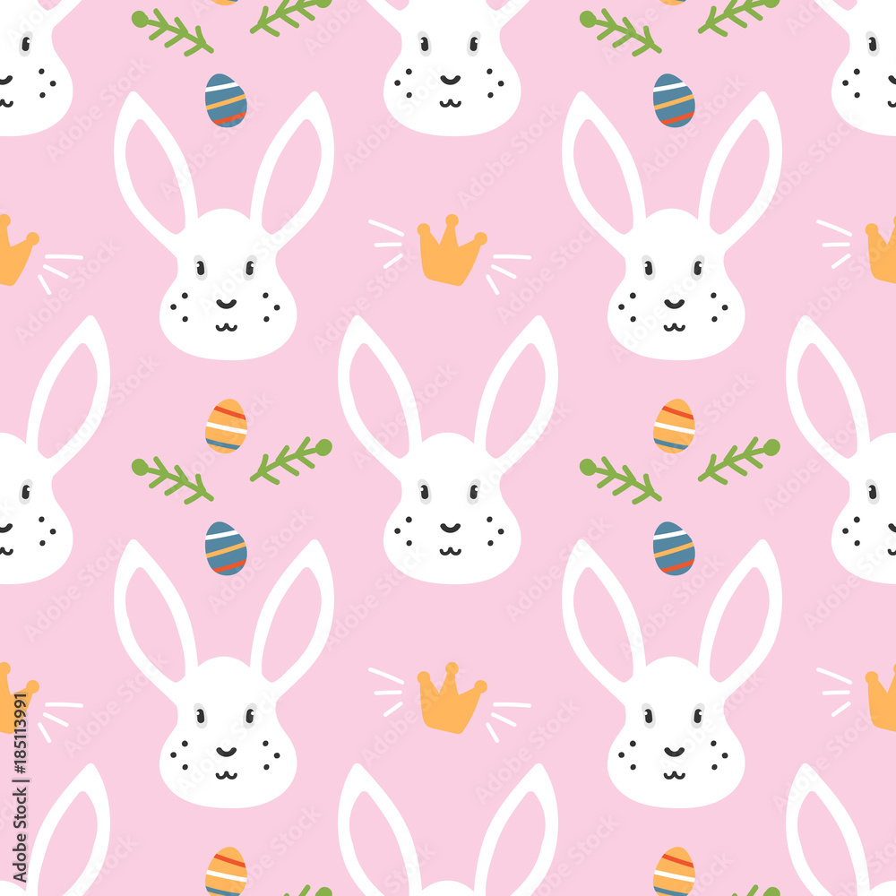 Cute seamless pattern background for Easter with rabbit and colorful eggs.
Cute seamless pattern background for Easter with rabbit and colorful eggs.