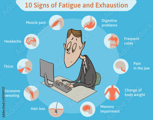 Template with ten signs of fatigue and tired clerk on blue background. Info-table for signs of fatigue and exhaustion. Horizontal vector illustration. Infographics. photo