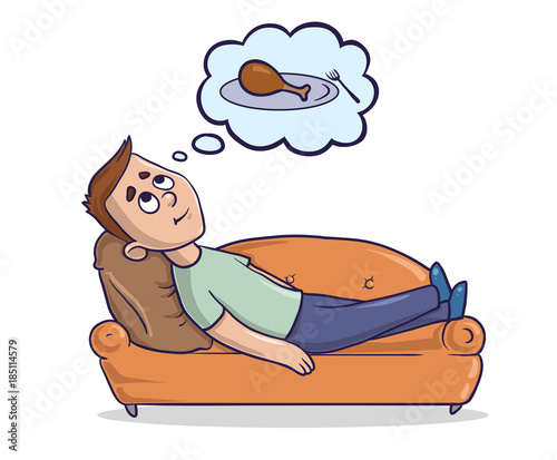 Young man lying on a sandy-coloured couch thinks about the food. Hungry guy dreams about piece of chicken. Cartoon character vector illustration. Isolated image on white background.
