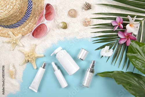 Summer and sunscreen, Beauty cosmetics product for skin care and women accessories on the beach. (Sun protection product concept)