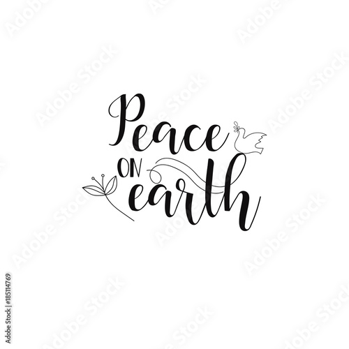 Peace on Earth. Hand written calligraphy Christmas  words on a white background. Modern calligraphy quote isolated on white background. Lettering art for poster, 