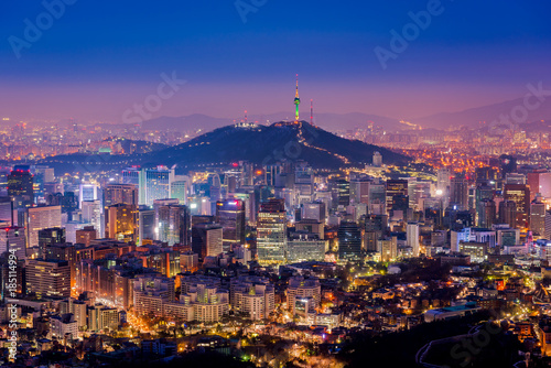 Aerial view of Seoul City Skyline at Night South Korea