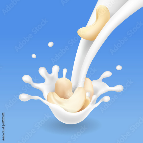 Cashew nuts in milk flow or yogurt. dessert vector