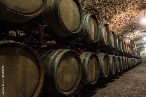 Wooden barrels of wine in the basement built of shellfish. Dark lighting