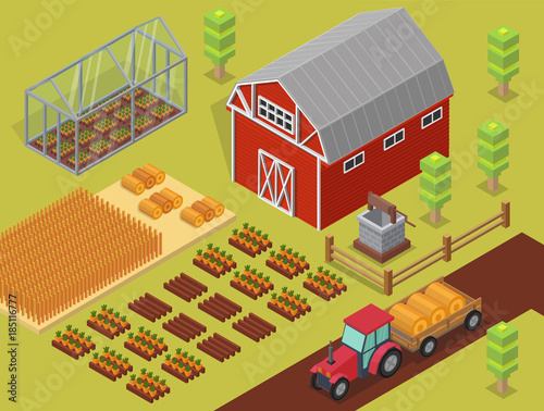 Isometric vector farm elements and ecology cartoon gardening background