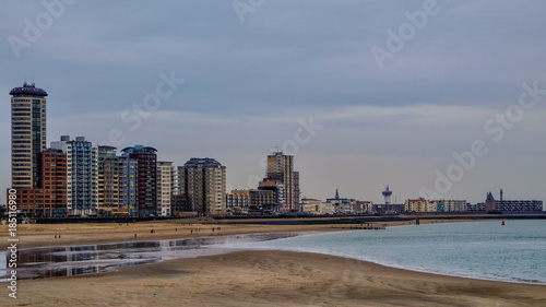 City beach and huge apartment and hotel blocks in the city of Vlissingen, Zeeland, Holland/Netherlands 