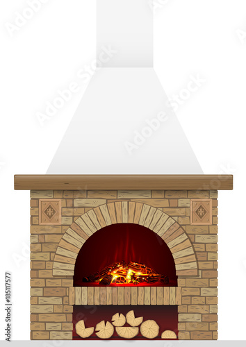 An ancient brick hearth with fire. Brick arch with fireplace or stove