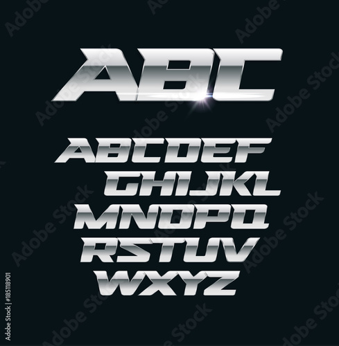 Modern chrome vector font. Metallic letters, polished steel style symbols. Aluminium bold geometric alphabet.