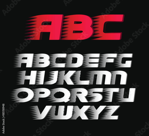 Sport vector font. Alphabet bold italics letters, white and red symbols.