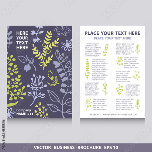 Vector flyers brochure with flowers icons and plants pattern, vector design.