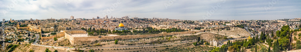 Panoramic view to Jerusalem old city from the Mount of Olives, Israel.