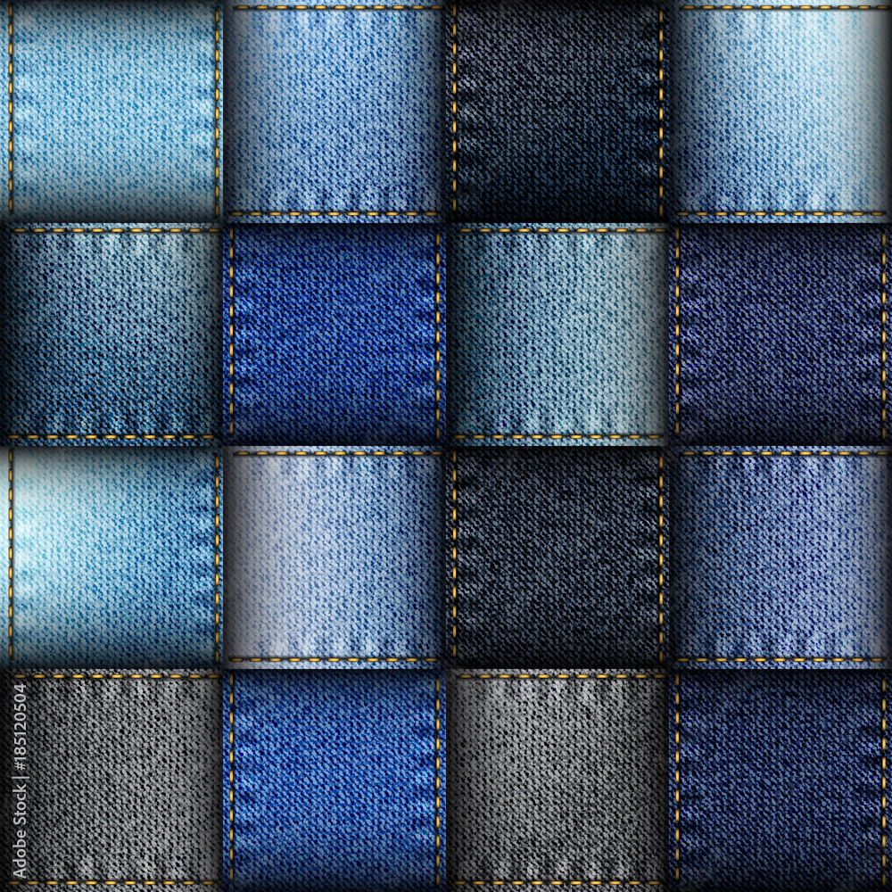 Jeans patchwork background. Seamless vector background. Imitation of a blue jeans ribbons.