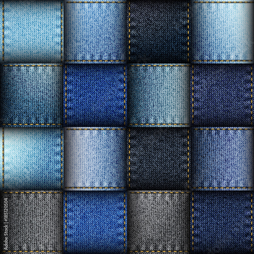 Jeans patchwork background. Seamless vector background. Imitation of a blue jeans ribbons.