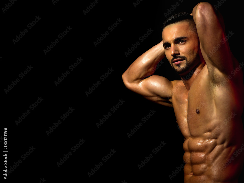 Man with muscular wet body and torso. Man with muscular wet body and torso.