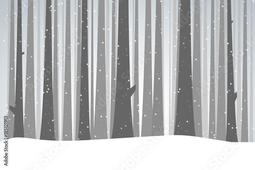 Winter forest illustration. Christmas snow nature background. Snowfall and dark trees bark. Tall woods in the snow. Forest of fir-trees. Calm, winter scene.