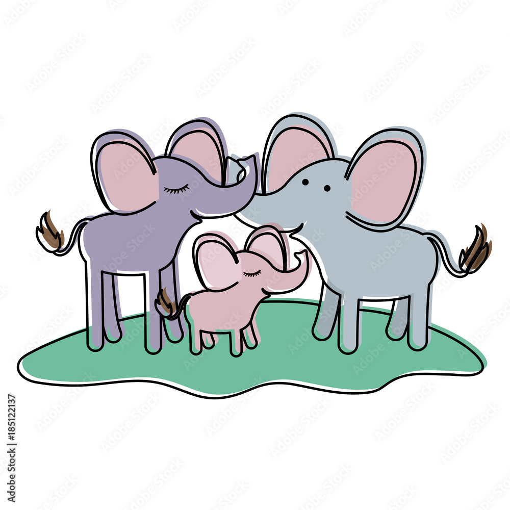 cartoon couple elephants and calf over grass in watercolor silhouette cartoon couple elephants and calf over grass in watercolor silhouette