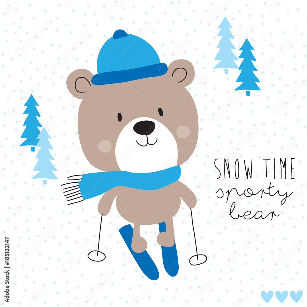 Fototapeta premium cute teddy bear skiing vector illustration