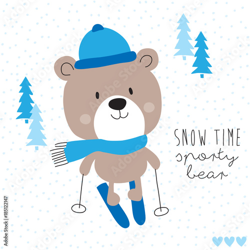 cute teddy bear skiing vector illustration
