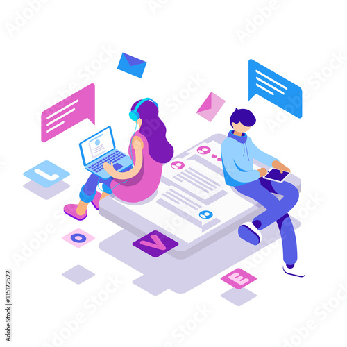 virtual relationships, online dating and social networking concept - teenagers chatting on the Internet. Vector 3d isometric illustration.
