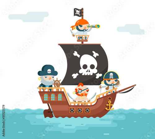Pirate Ship crew Buccaneer Filibuster Corsair Sea Dog Sailors Captain Fantasy RPG Treasure Game Character Flat Design Vector Illustration
