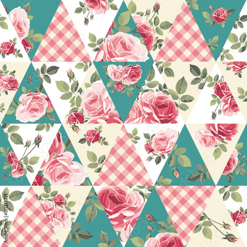 Patchwork pattern with roses. Vector illustration