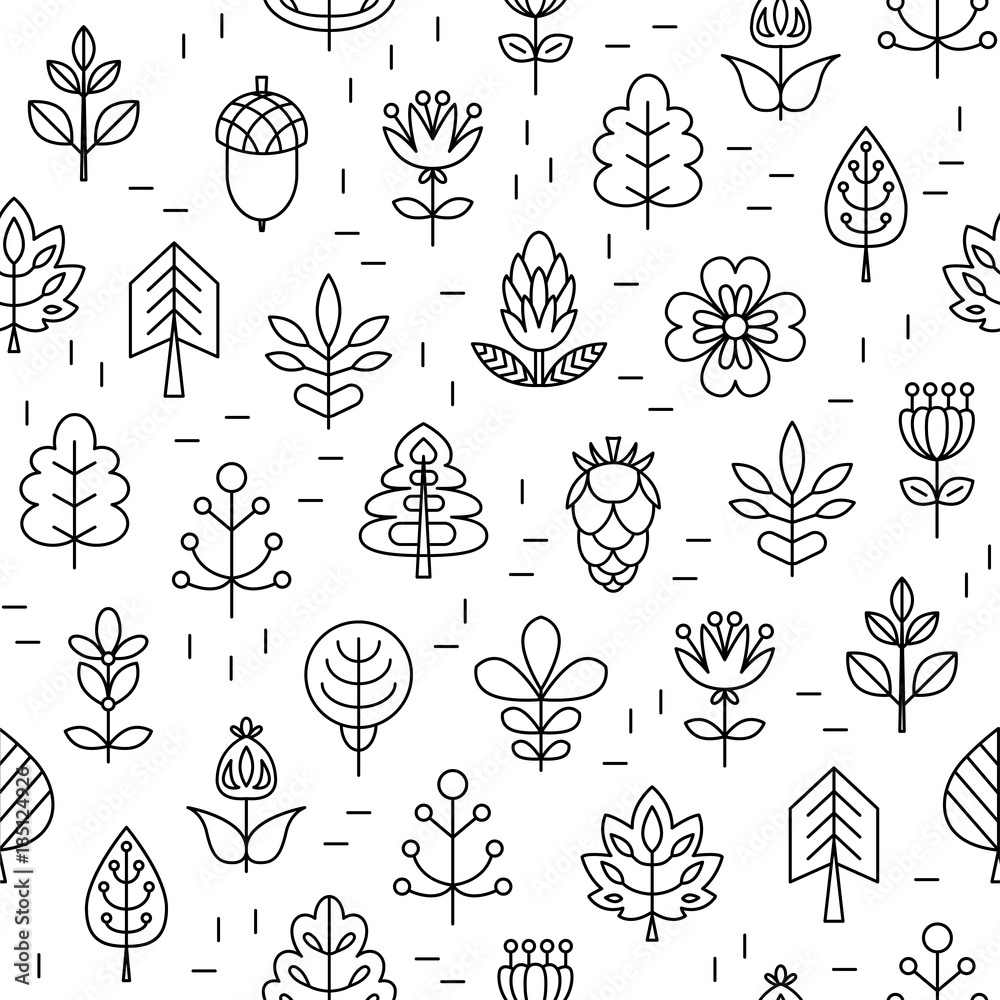 Seamless pattern with Geometrical leaves, trees and flowers. Linear style.