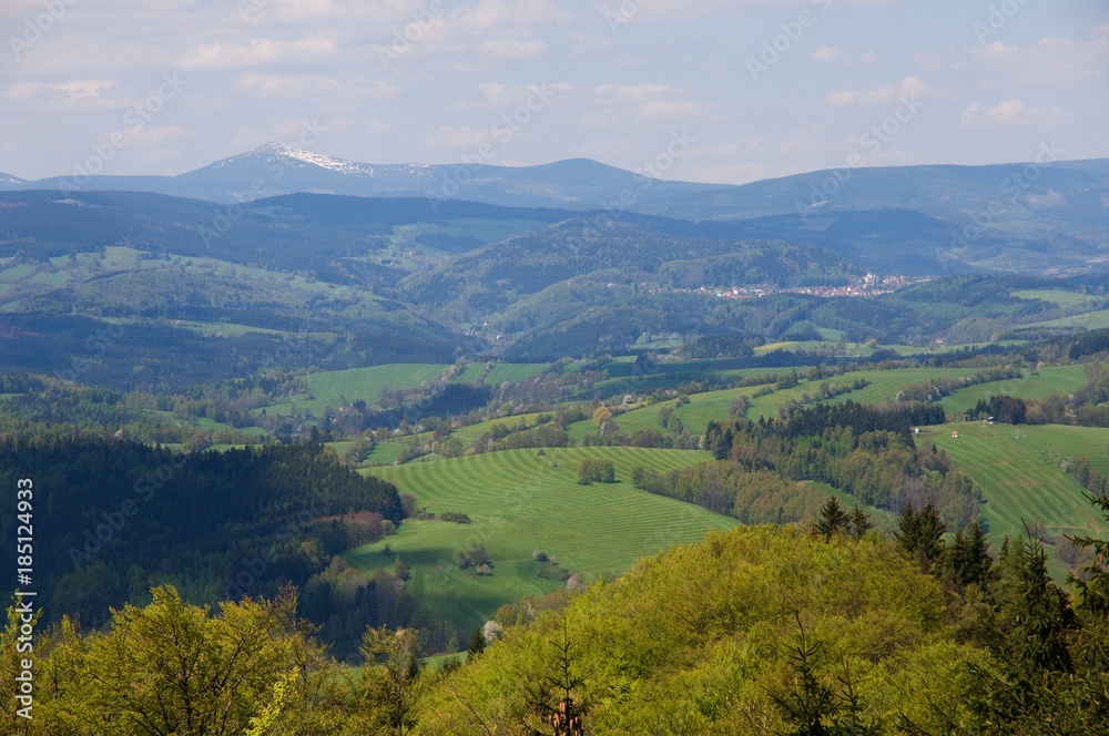 Giant mountains from lookout tower on the Markousovicky ridge,Jestrebi mountains, Eastern Bohemia, Czech republic