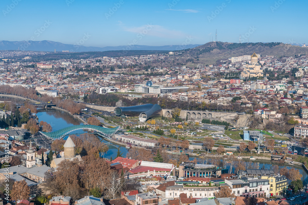 TBILISI, GEORGIA - DEC.10, 2017 : The cityscape of Tbilisi view from the hill
