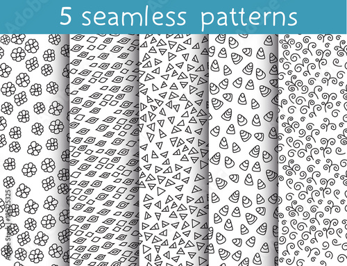 5 seamless patterns for universal background. Can be used for textile, website background, book cover, packaging.